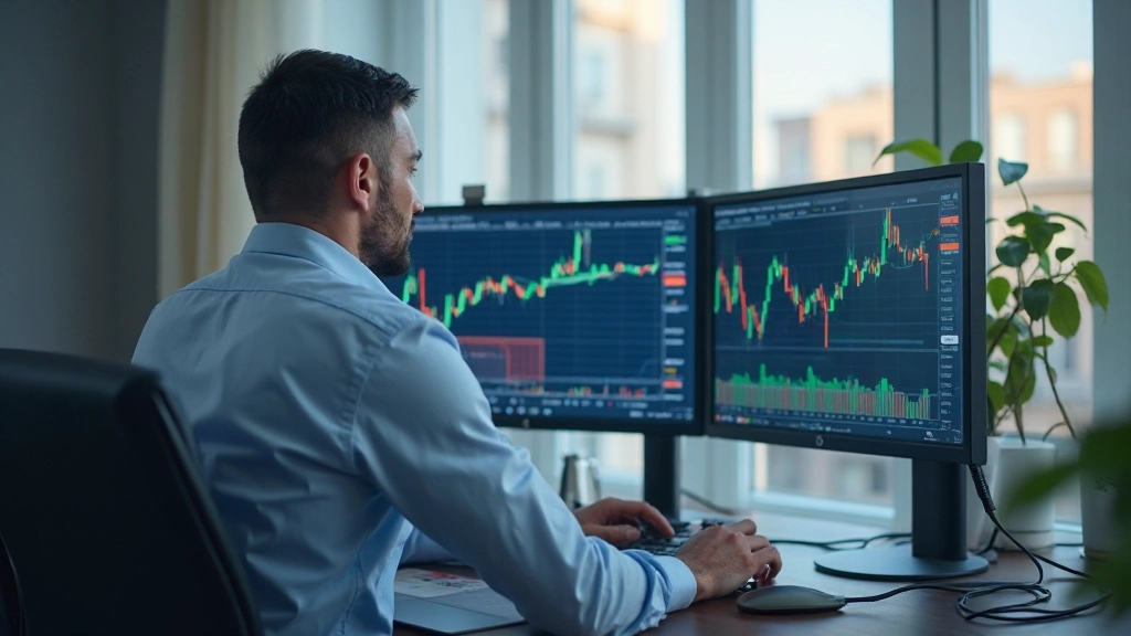 Профессиональный аналитик рынка анализирует графики котировок на мониторах в офисе, естественное освещение, размытый фон