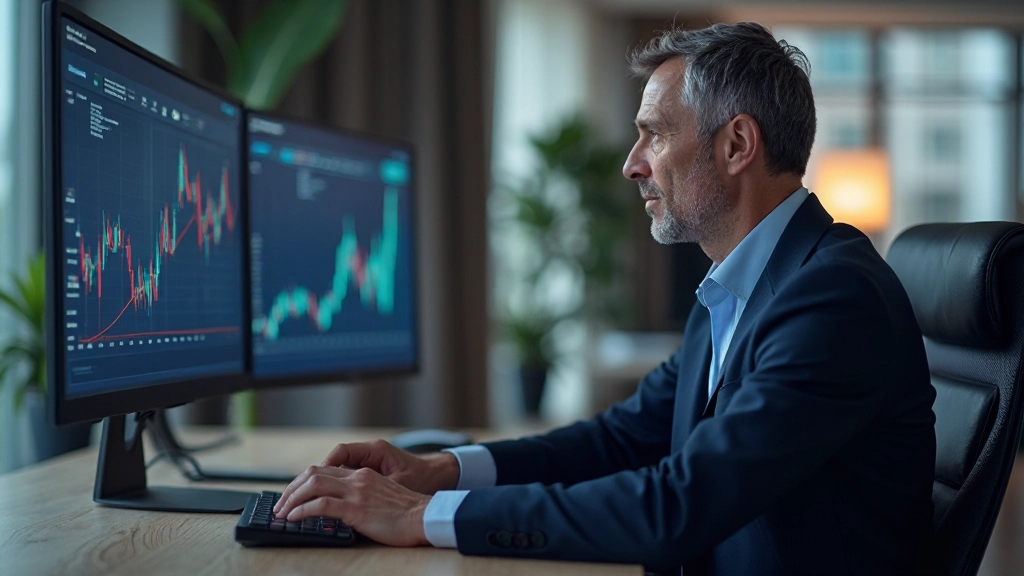 Финансовый аналитик работает с графиками инвестиционных инструментов на большом мониторе