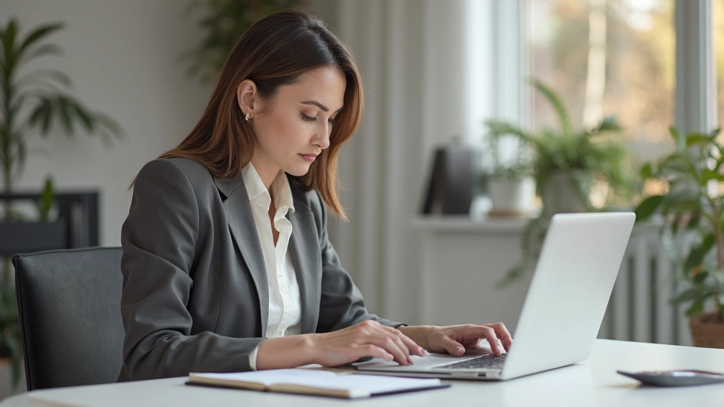 Молодая женщина планирует семейный бюджет, сидя за компьютером с калькулятором и блокнотом