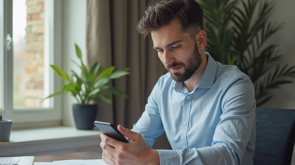 Молодой инвестор изучает приложение для инвестирования на смартфоне в домашнем офисе